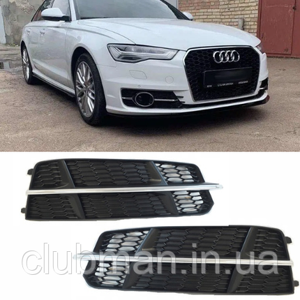 Решітка радіатора AUDI (Ауді) A6 С7.5 (2015-2018) Чорна матова, хром ребро, стиль RS6, фото 1
