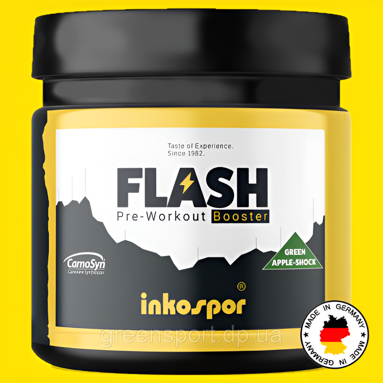 Inkospor Flash Booster 300 г смак яблуко, передтренувальні енергетики, амінокислоти, женьшень, вітаміни