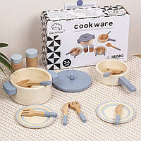 Кухонний набір дитячий з дерева 15 предметів Блакитний, кремовий Хіт продажу!