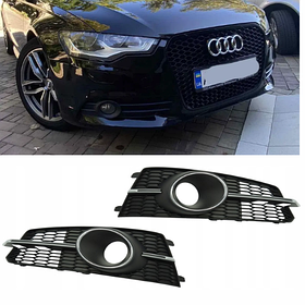 Решітка в бампер AUDI (Ауді) A6 С7.5 (2015-2018) Чорна матова, хром обідок, сріблясте ребро, стиль RS6