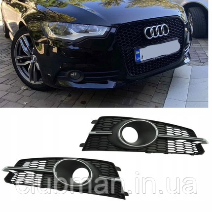 Решітка в бампер AUDI (Ауді) A6 С7.5 (2015-2018) Чорна матова, хром обідок, сріблясте ребро, стиль RS6, фото 1