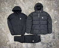 Комплект 3 в 1 Куртка зимняя черная + спортивный костюм Adidas кофта на змейке и штаны черного цвета Адидас