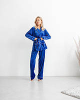 Теплая плюшевая пижама Eva велюровый домашний костюм двойка кофта на запах и брюки цвет елетрик норма и батал