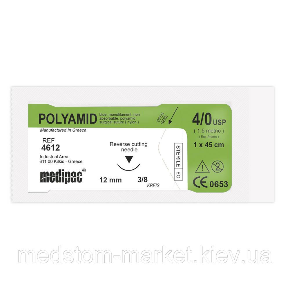 Шовний матеріал POLYAMID 4/0, голка 12 мм, 3/8, зворотньо-ріжуча, 45 см MEDIPAC (Греція)