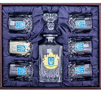 Подарунковий набір кришталевий графін з 6 келихами у подарунковому шкіряному футлярі "Герб України"