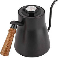 Чайник для варки кофе с термометром из нержавеющей стали для фильтр кофе 850 мл, Черный