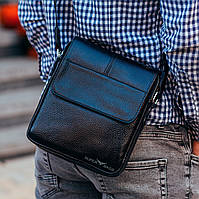 Кожаный мессенджер 21х24х6, барсетка на плечо, кожаная мужская сумка, плечевая планшетка, черный