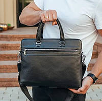 Деловая черная сумка-портфель мужская кожаная для ноутбука и документов Tiding Bag