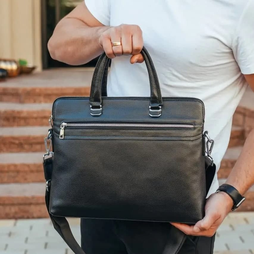 Чоловіча ділова чорна шкіряна сумка-портфель для ноутбука і документів Tiding Bag