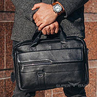 Мужская кожаная сумка-портфель для ноутбука и документов MK9848 черная