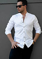 Мужская рубашка слим фит с воротником стойка на пуговицах, белая, размеры M, L, XL, XXL, 3XL L