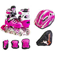 Комплект роликов с защитой и шлемом Scale Sports, размер 29-33, Розовый, светящиеся колеса