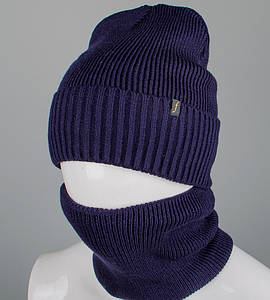 Комплект шапка-резинка з відворотом на флісі + Баф на флiсі (230701), Т. Синій