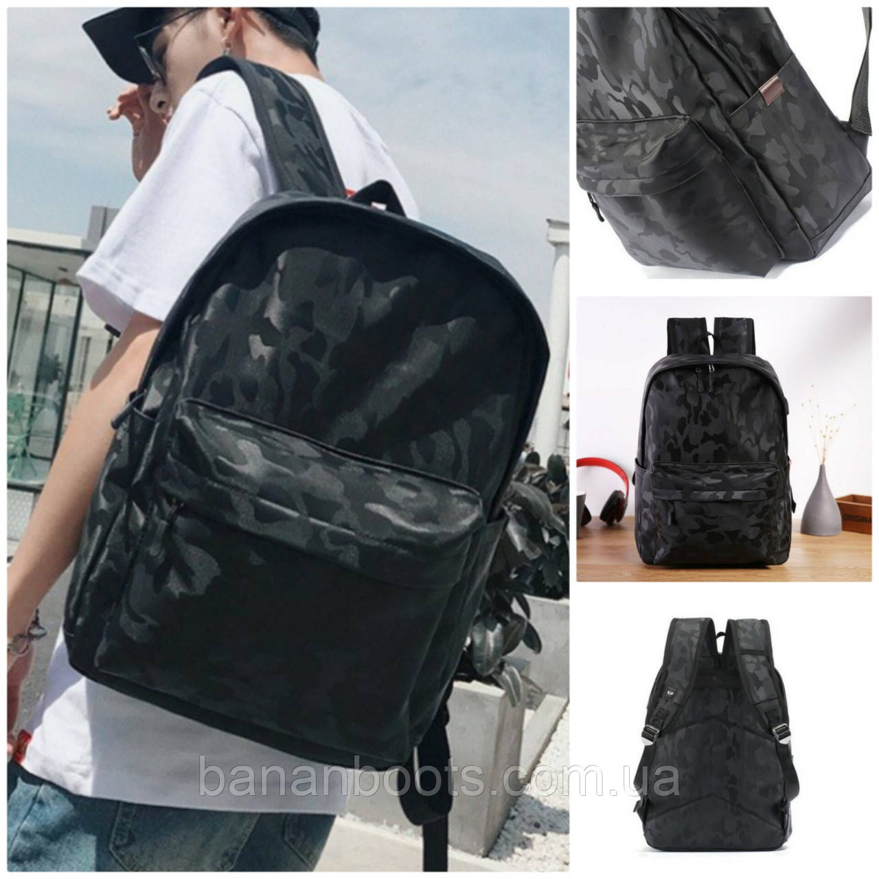 Міський чоловічий камуфляжний чорний рюкзак з USB