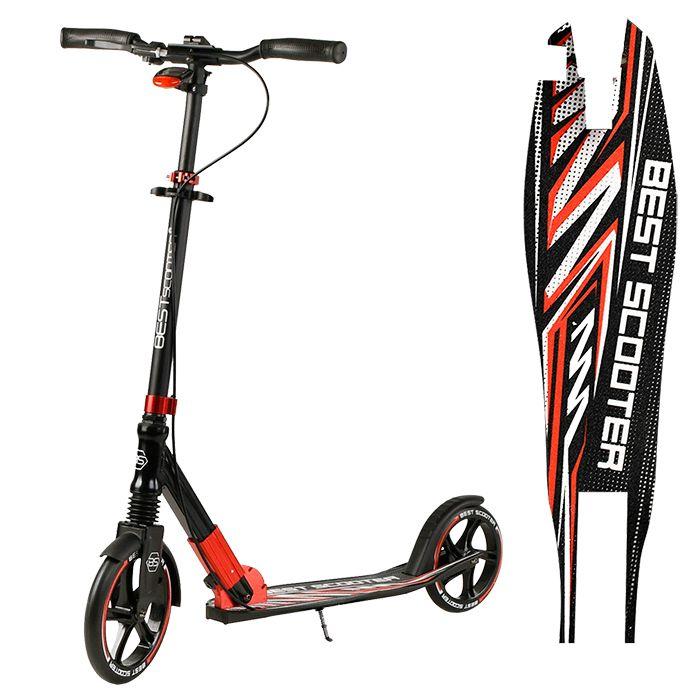 Самокат двоколісний складаний Best Scooter 10304, з ручним гальмом і фарою, чорно-червоний