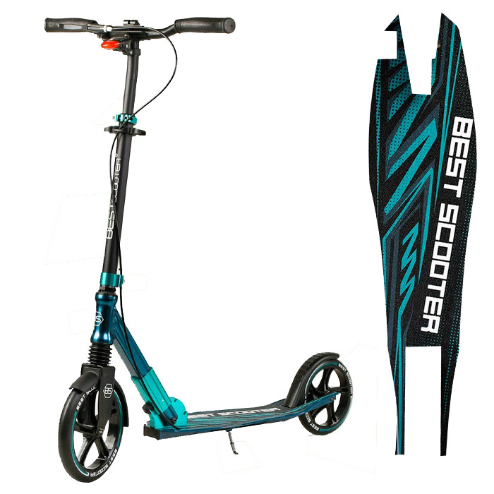 Самокат двоколісний складаний Best Scooter 43685, колеса 230/200 мм, ручне гальмо, фара, Бірюзовий