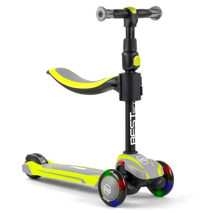 Самокат триколісний Best Scooter JS-20815 зі знімним сидінням, алюмінієве кермо, колеса зі світлом, Салатово-сірий