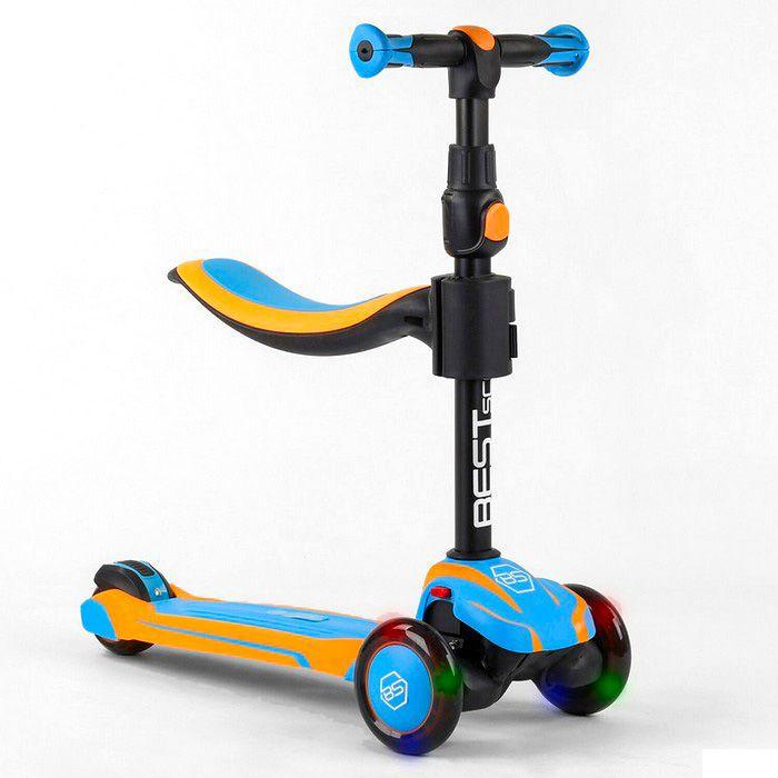 Самокат триколісний Best Scooter JS-30918 зі знімним сидінням, алюмінієве кермо, колеса зі світлом, Оранжево-блакитний