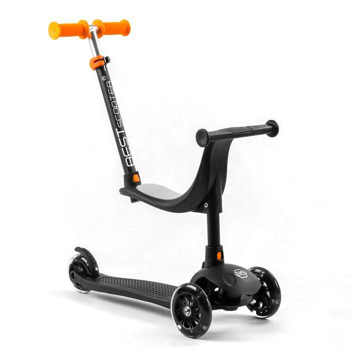 Самокат триколісний Best Scooter PL-209 колеса PU зі світлом, сидіння, батьківська ручка, Чорний