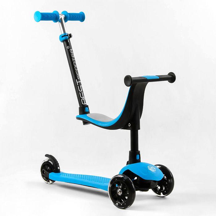 Самокат триколісний Best Scooter PL-422 PU колеса зі світлом, сидіння, батьківська ручка, Блакитний