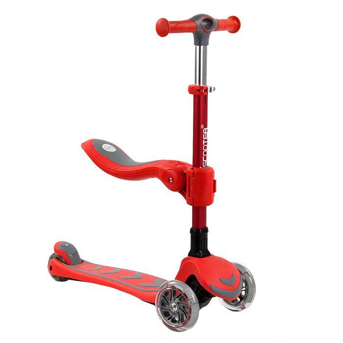 Самокат триколісний Best Scooter Т-06188, сидіння, складне алюмінієве кермо, колеса PU зі світлом, Червоний