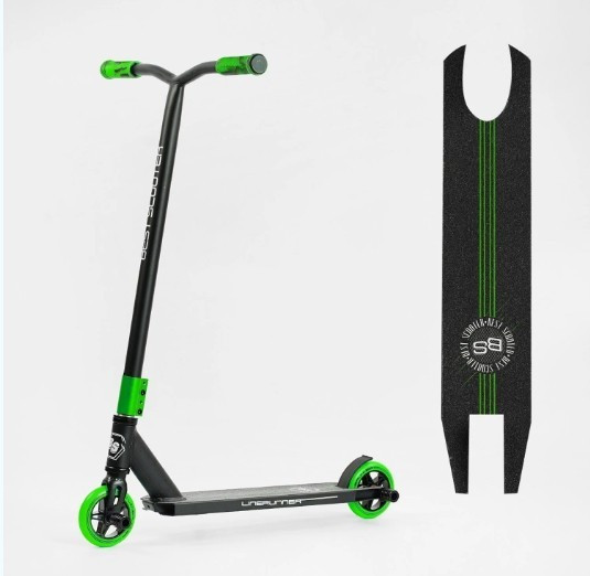 Самокат трюковий Best Scooter LineRunner LR-65215 HIC-система, пеги, алюмінієві диски та дека, Чорний із зеленим