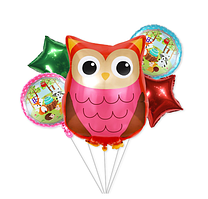 Фольгована фігурна куля Сова, з набором кульок лісових звірят і фольгованих зірок.