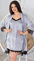 Стильный домашний комплект из бархата: велюровая летняя пижама-ночнушка+халатик р.42-48. Арт-1515/8 серый