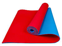 Коврик для йоги и фитнеса TPE+TC 6 мм двухслойный красный-голубой
