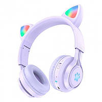 Бездротові навушники  Hoco W39 | bluetooth 5.3, AUX, 10H, RGB підсвічування | котячі вушка Purple