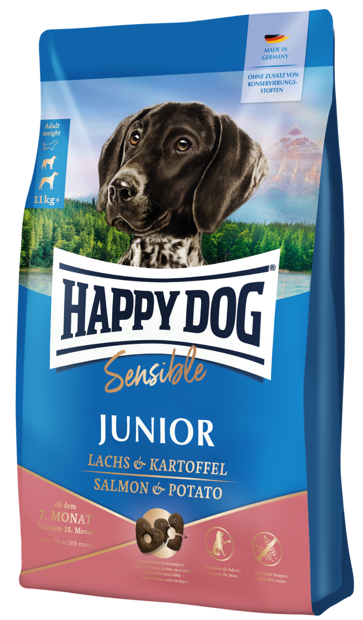 Корм сухий для юніорів від 7 до 18 міс, Happy Dog Sensible Junior Lachs & Kartoffel з лососем 10 кг