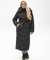 Стильне тепле чорне зимове пальто жіноче з капюшоном у розмірах 46-58