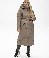 Стильне тепле бежеве зимове пальто жіноче з капюшоном у розмірах 46-58