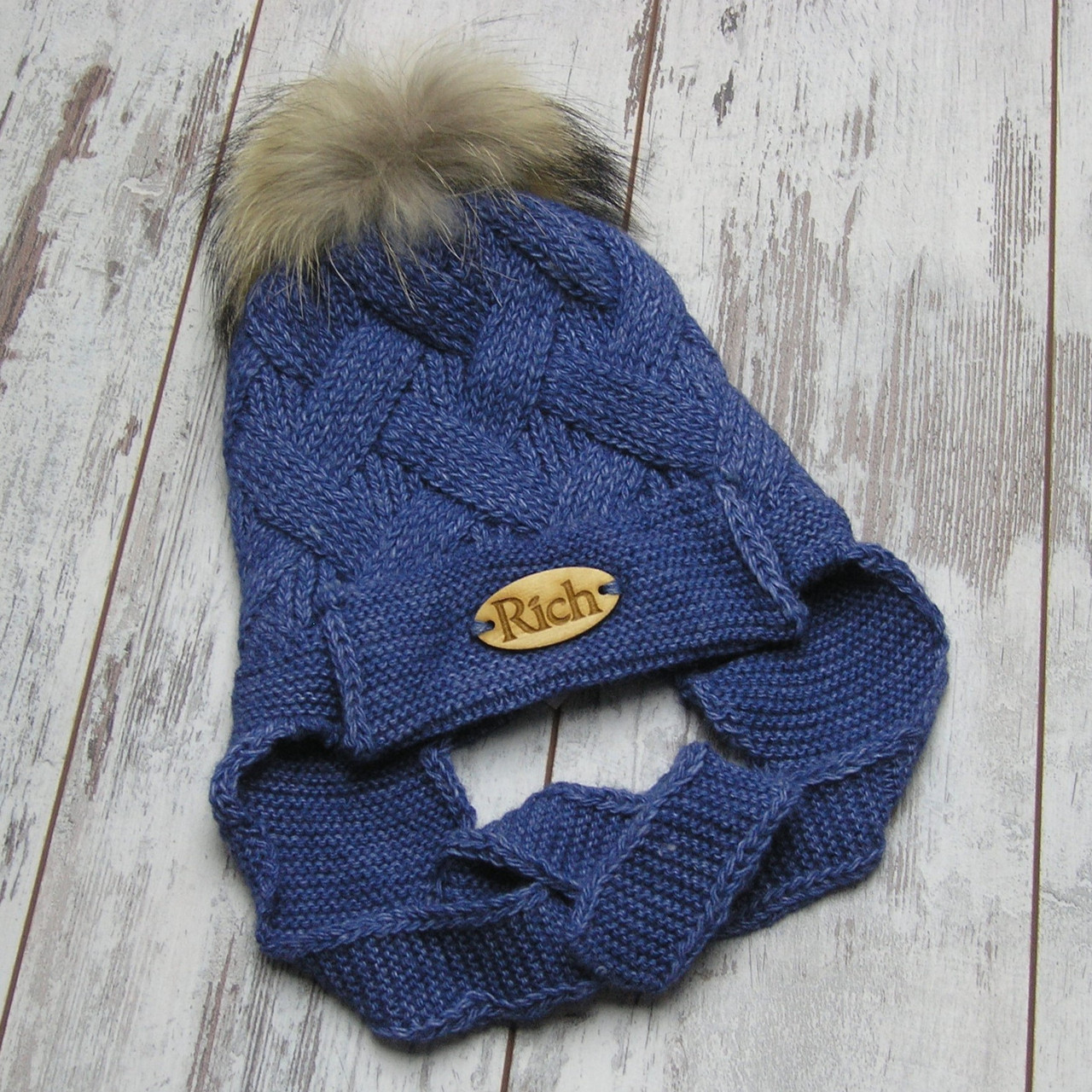 50-54 3-8 років помпон з натурального хутра шапка на хлопчика зимова дитяча в'язана із зав'язками 4471 ГЛБ, фото 1