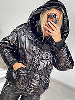Блискуча дута тепла легка практична коротка зимова жіноча куртка пуховик з капюшоном "Puffer"р.44-58