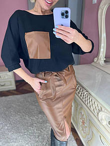 Стильний жіночий літній костюм зі спідницею еко-шкіри міді "Кишеня" Якісний повсякденний жіночий костюм батал