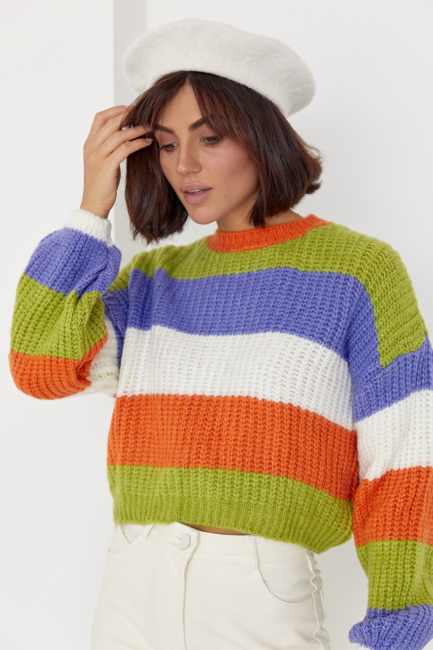 Укорочений в'язаний светр у кольорову смужку — жовтогарячий колір, S (є розміри), фото 1