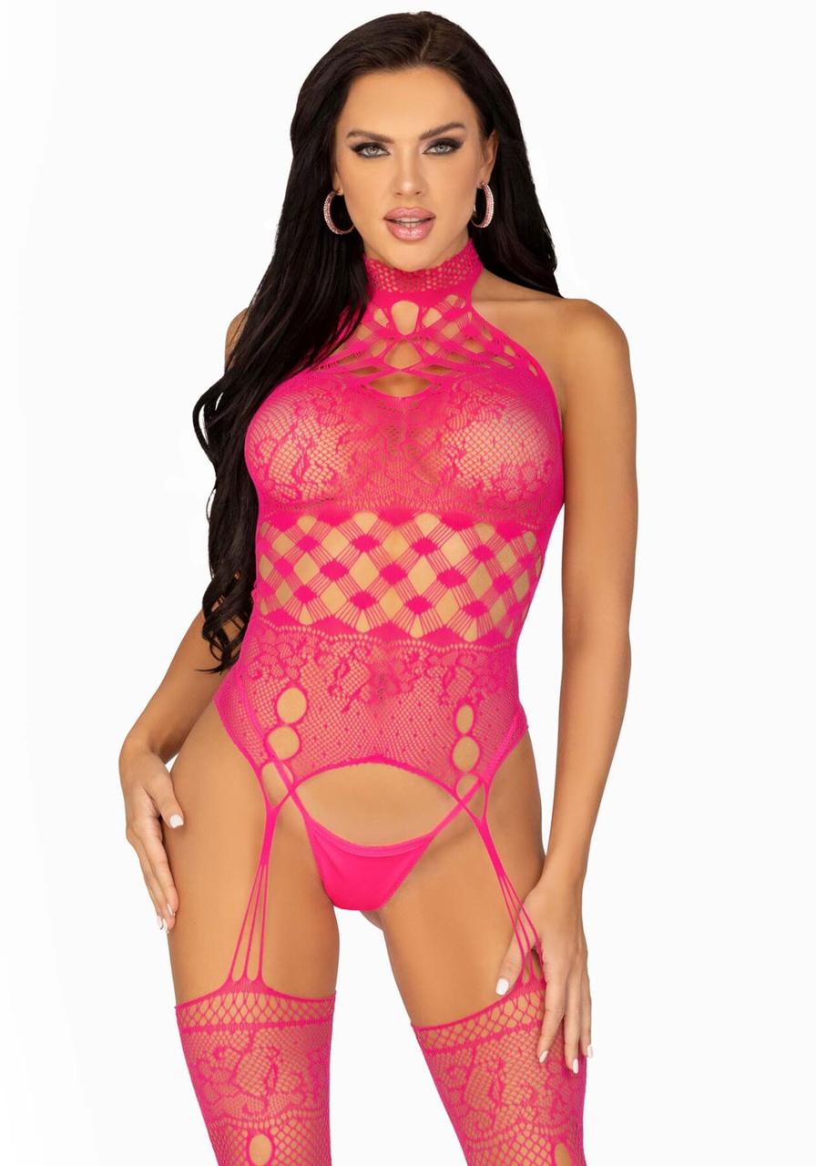 Leg Avenue High neck lace bodystocking Raspberry O/S, фото 1