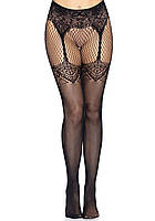 Колготки в сетку с имитацией чулков эротические женские Leg Avenue Fishnet tights S/M/L Чёрные ( SO8581 )