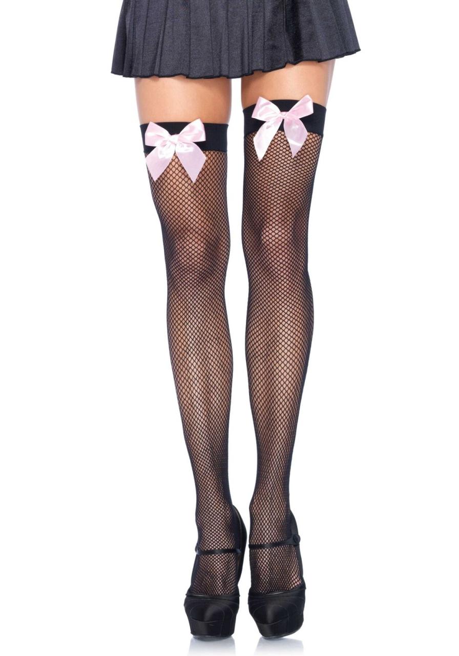 Панчохи з бантом еротичні Leg Avenue Fishnet S/M/L Чорний/рожевий ( SO8596 )