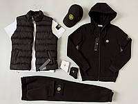 Спортивний костюм на флісі Stone Island жилетка кепка футболка комплект чоловічий зимовий стон айленд чорний
