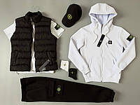 Спортивний костюм на флісі Stone Island кепка жилетка футболка комплект чоловічий зимовий стон айленд чорно-білий