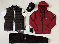 Спортивний костюм на флісі Stone Island футболка жилетка кепка комплект чоловічий зимовий стон айленд чорно-бордовий