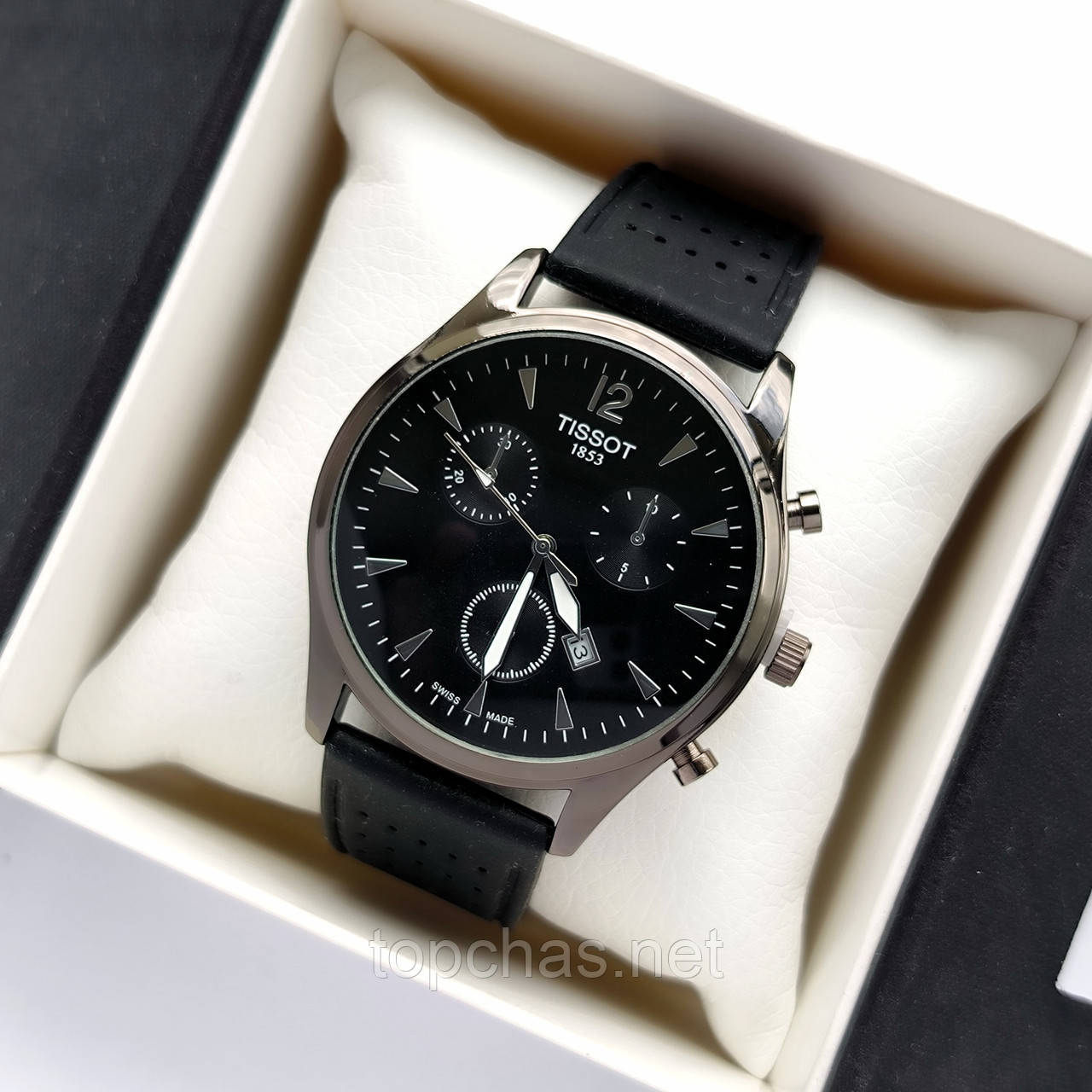 Чоловічий наручний годинник Tissot (Тісот) чорного кольору на каучуковому ремінці, дата - код 2274b