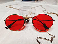 Овальные очки солнцезащитные женские РЕЙ БЕН в стильной золотой оправе, Красные