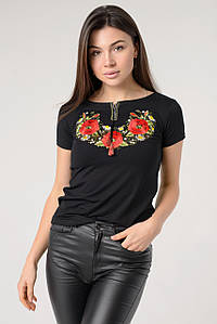 Жіноча вишита футболка на короткий рукав у чорному кольорі «Маковий цвіт» XXL