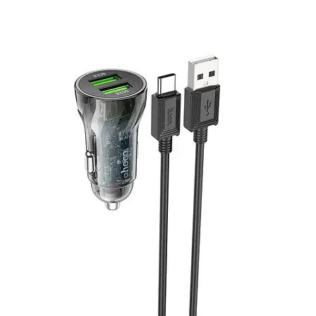 Швидкісна авто зарядка для телефона в машину на 2 USB, 12 24 вольт Hoco Z47 з кабелем (Type-C) Transparent Black (Z47), фото 1