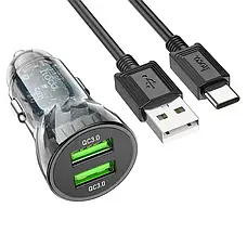 Швидкісна авто зарядка для телефона в машину на 2 USB, 12 24 вольт Hoco Z47 з кабелем (Type-C) Transparent Black (Z47), фото 5