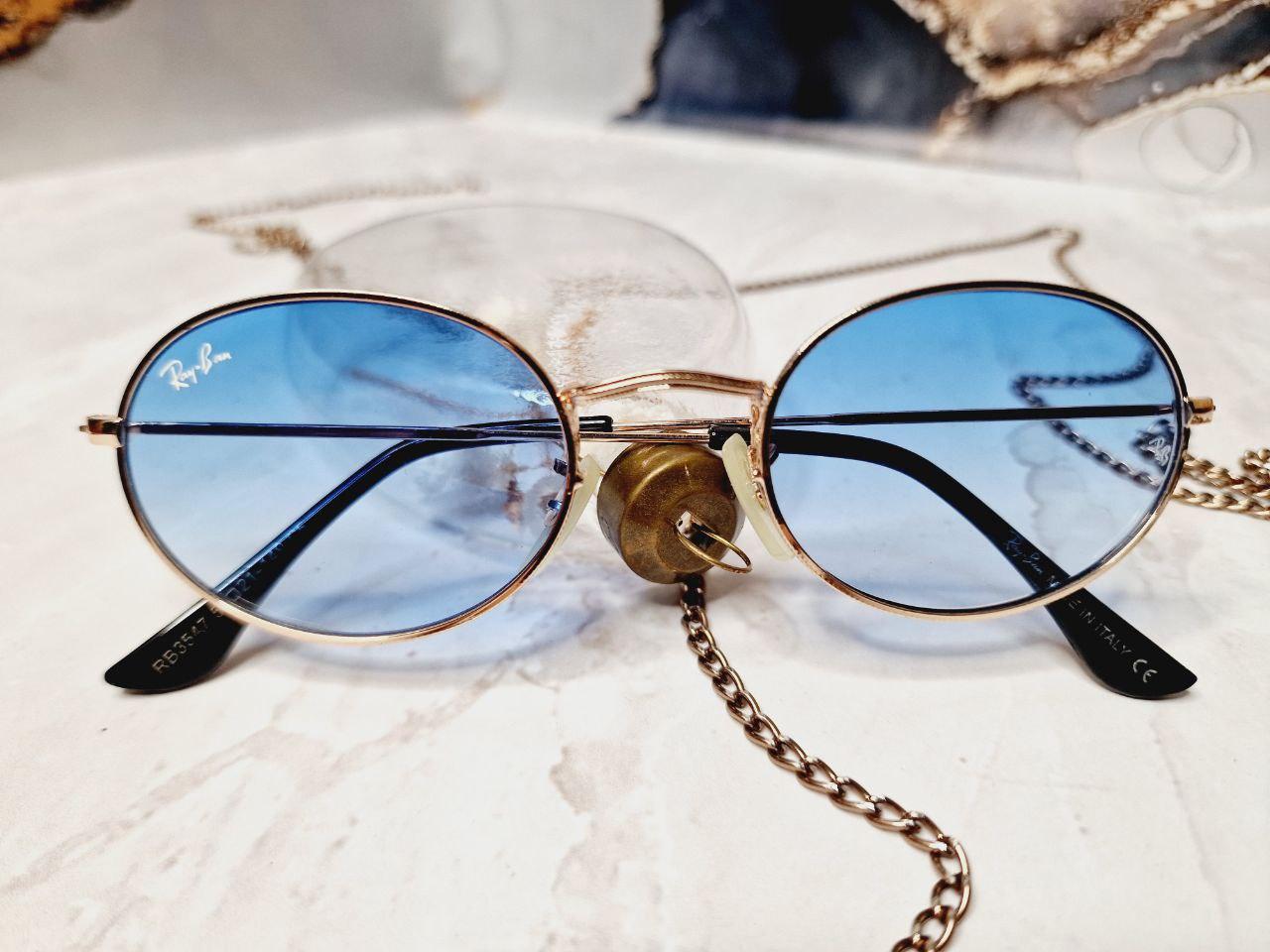 Овальні окуляри сонцезахисні жіночі РЕЙ БЕН в стильній золотій оправі, Блакитні, фото 1