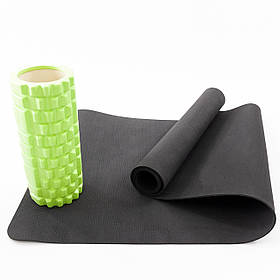 Набір для йоги 2в1 килимок для йоги + масажний ролик, валик для масажу спини мфр рол OSPORT Set 27 (n-0058) Чорно-салатовий